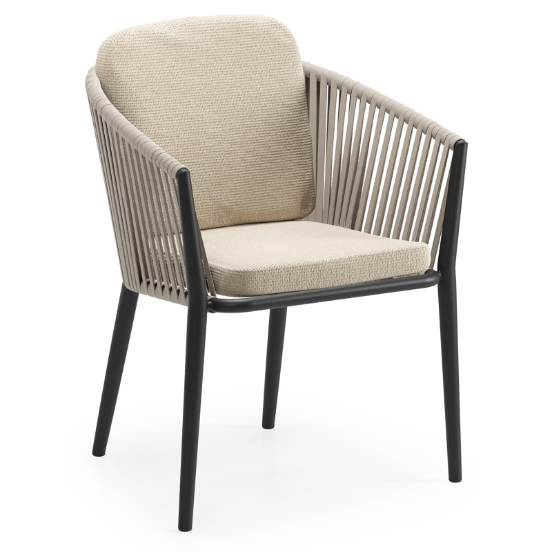 Chaise de jardin Orso en aluminium noir et corde plate tissée verticalement beige avec coussin luxe en All Weather Cosytica Althea Chalk