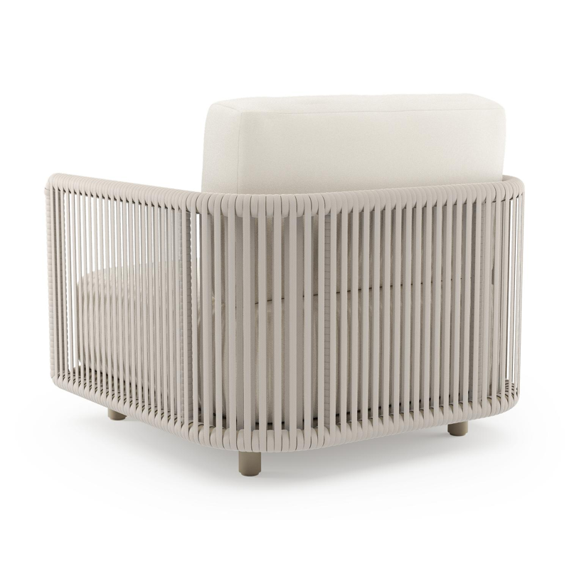 Organo loungestoel in beige aluminium en beige verticaal geweven luxe vlakke rope met natte white all weather Sunbrella® luxe kussen