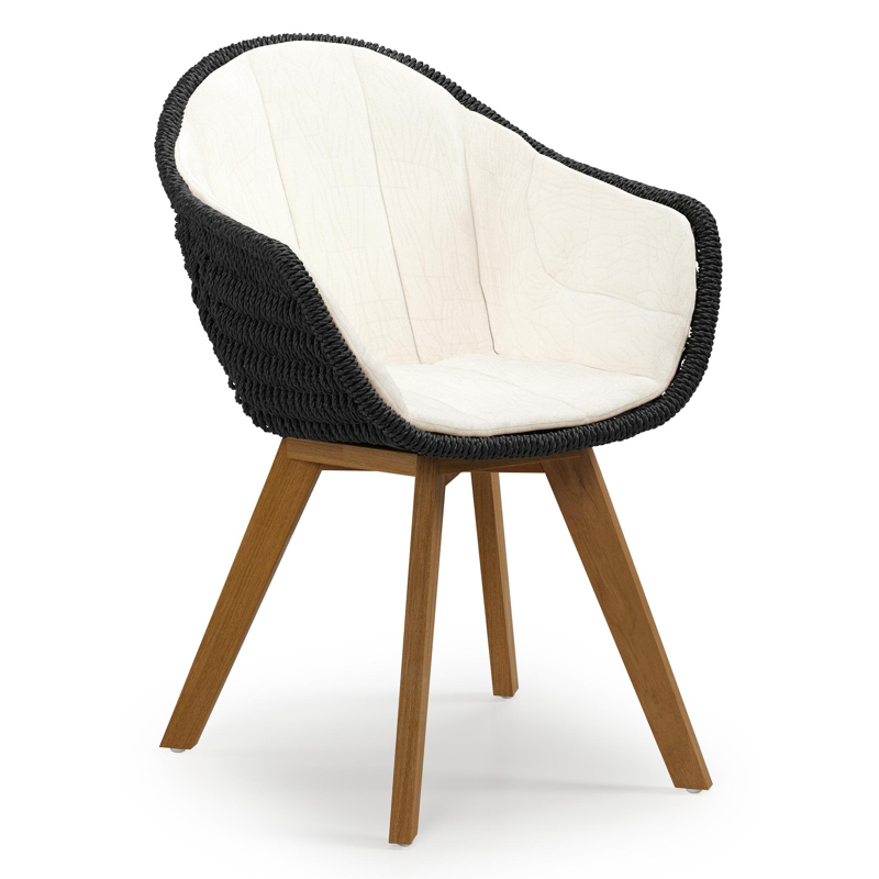 Pagino tuinstoel in teak en zwart ronde wicker met zitkussen in All Weather Sunbrella® Luxe Natte White