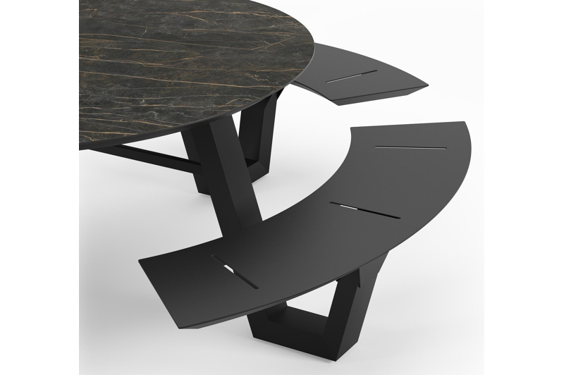 Rondino picknicktafel in zwart aluminium en volkeramiek black obsession tafelblad - Ø 236 x H 71,5 cm
