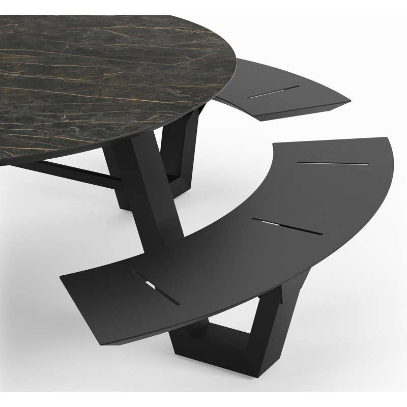 Rondino picknicktafel in zwart aluminium en volkeramiek black obsession tafelblad - Ø 236 x H 71,5 cm