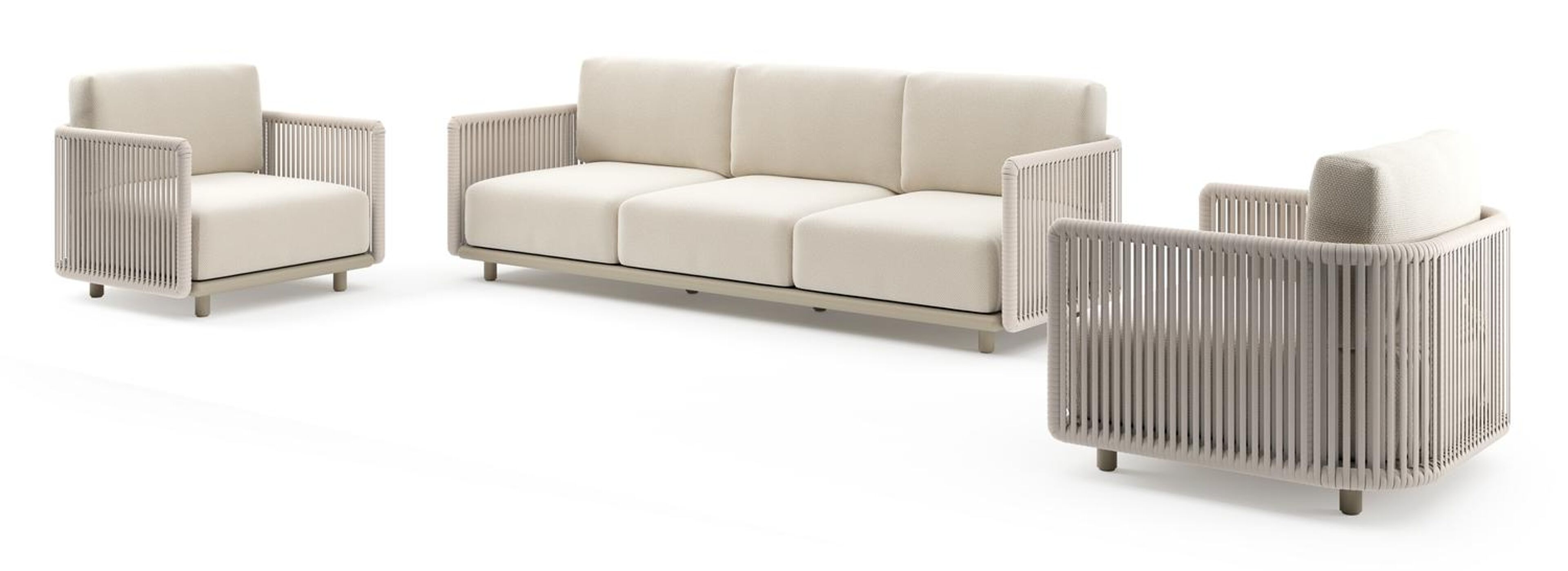 Organo loungeset in beige aluminium en beige verticaal geweven luxe vlakke rope met althea off white all weather Cosytica kussen