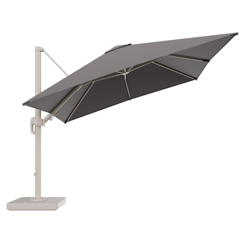 Rufina zweefparasol tiltfunctie in beige aluminium en parasoldoek in All Weather Sunbrella® Luxe Natte Nature Grey - L1 300 x L2 300 cm met parasolvoet Lapido 160 kg