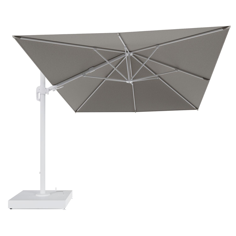 Rufina zweefparasol met tiltfunctie in wit aluminium en Firenze Sand All Weather Solica parasoldoek - L1 400 x L2 300 cm met parasolvoet Minore 260 kg met wielen