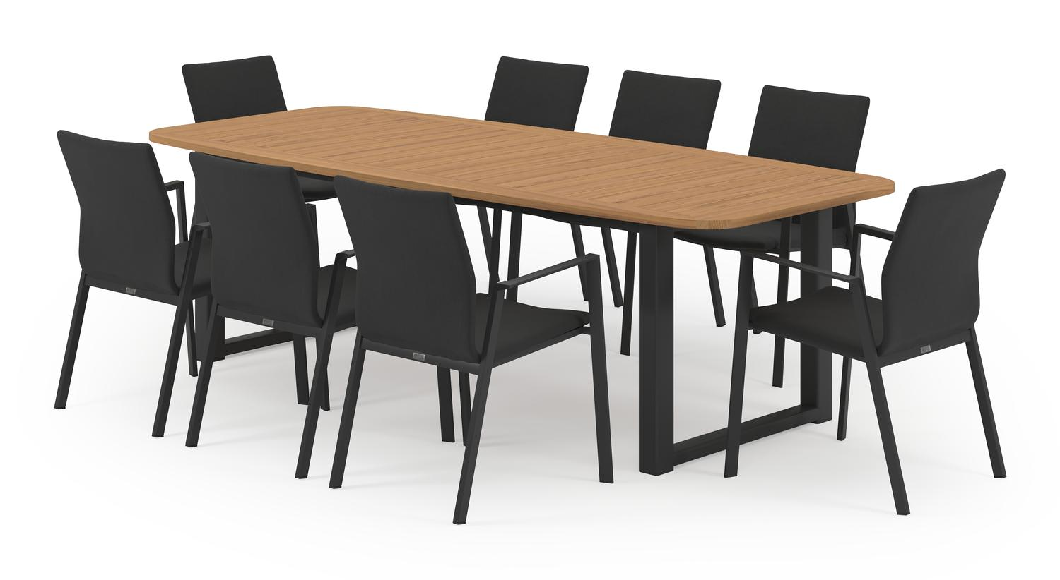 Livo tuinset in zwart aluminium en natural finish teak tafelblad met 8 stapelbare Madura tuinstoelen