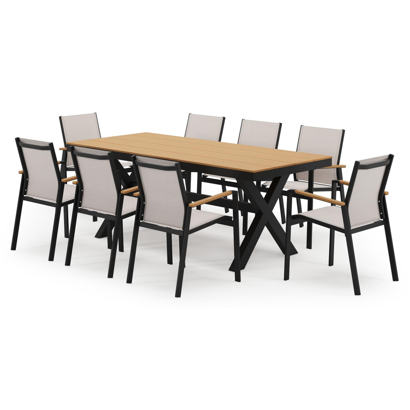 Ensemble de jardin Bahia en aluminium noir et polywood avec 8 chaises de jardin empilable Bahia