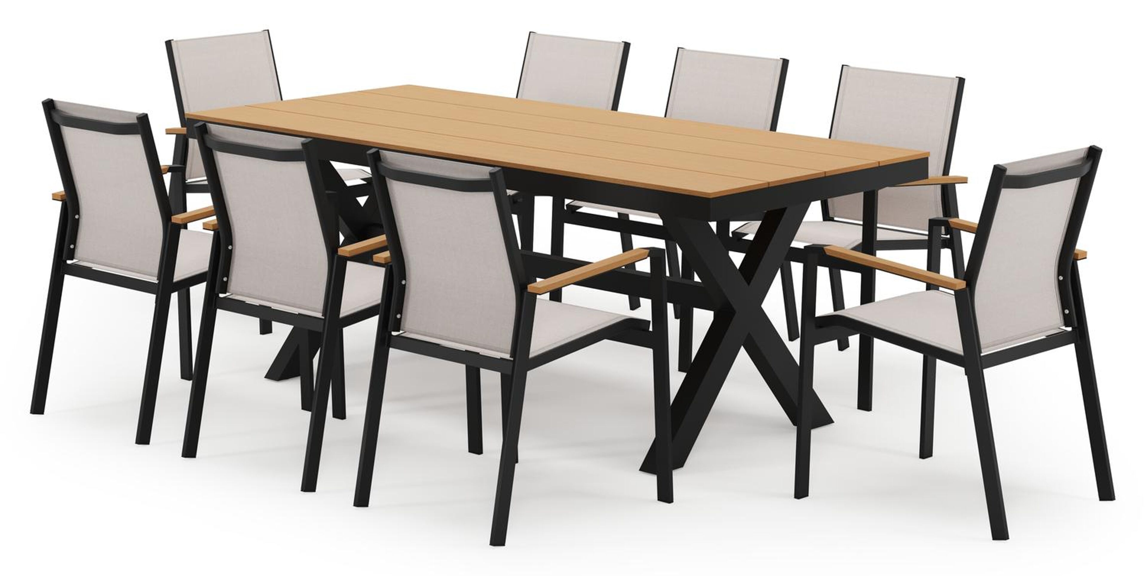 Ensemble de jardin Bahia en aluminium noir et polywood avec 8 chaises de jardin empilable Bahia