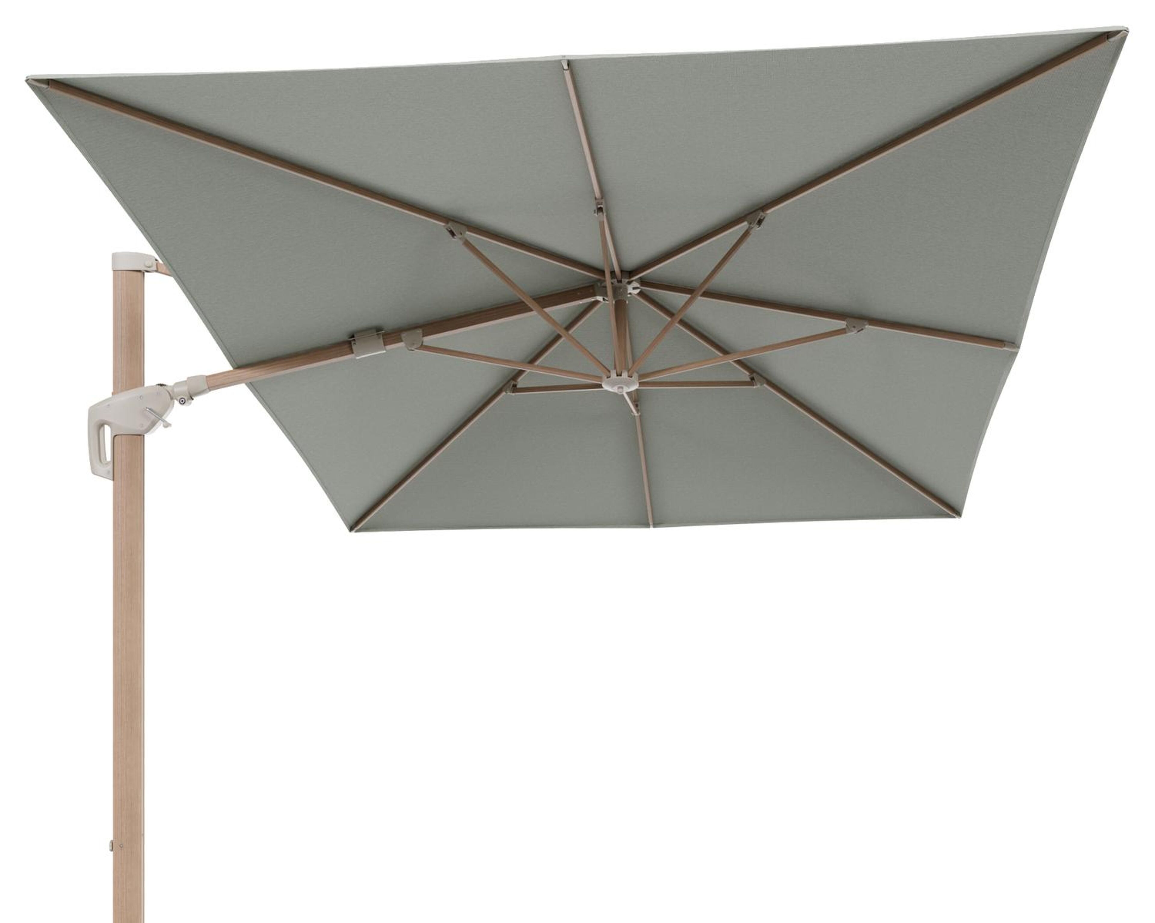 Minore zweefparasol met tiltfunctie in houtlook aluminium en Slow Spirea All Weather Sunbrella® Luxe parasoldoek - L1 400 x L2 300 cm (zonder voet)
