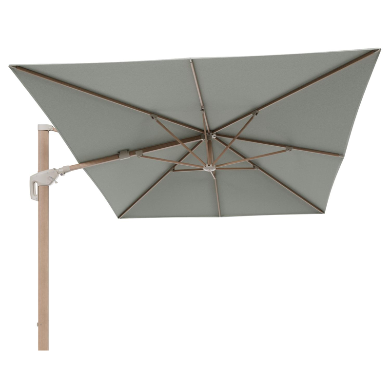 Minore zweefparasol met tiltfunctie in houtlook aluminium en Slow Spirea All Weather Sunbrella® Luxe parasoldoek - L1 400 x L2 300 cm (zonder voet)