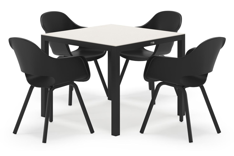 Feltro vierkante tuinset in zwart aluminium en sintered stone crema minerale met 4 Artena tuinstoelen