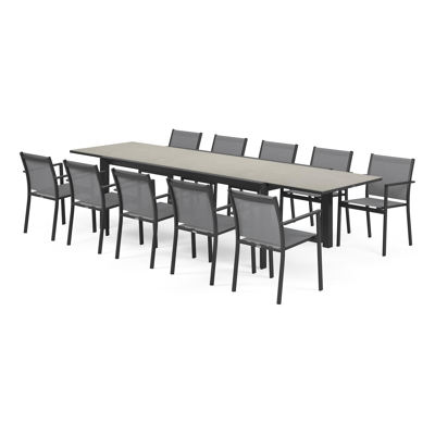 Aspra tuinset met verlengbare tafel in zwart aluminium en grijs volkeramiek op glas tafelblad met 10 stapelbare Bareto tuinstoelen