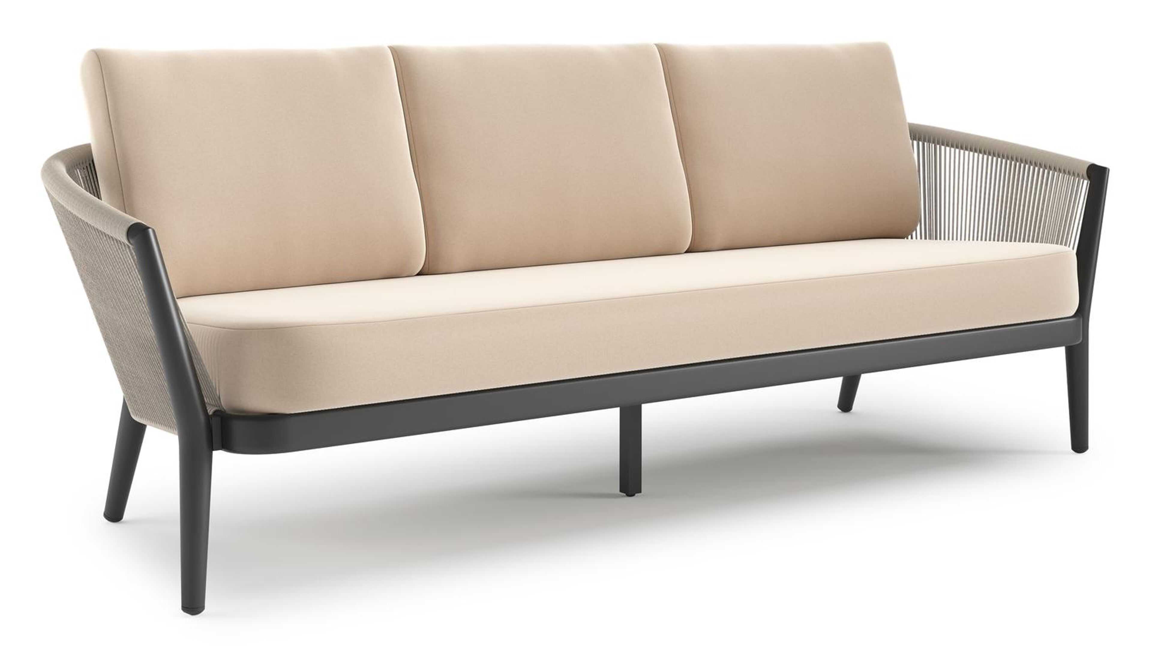 Canapé de jardin Orso en aluminium noir en corde ronde tissée verticalement beige et coussins en all weather sunbrella® luxe Natte Linen Chalk