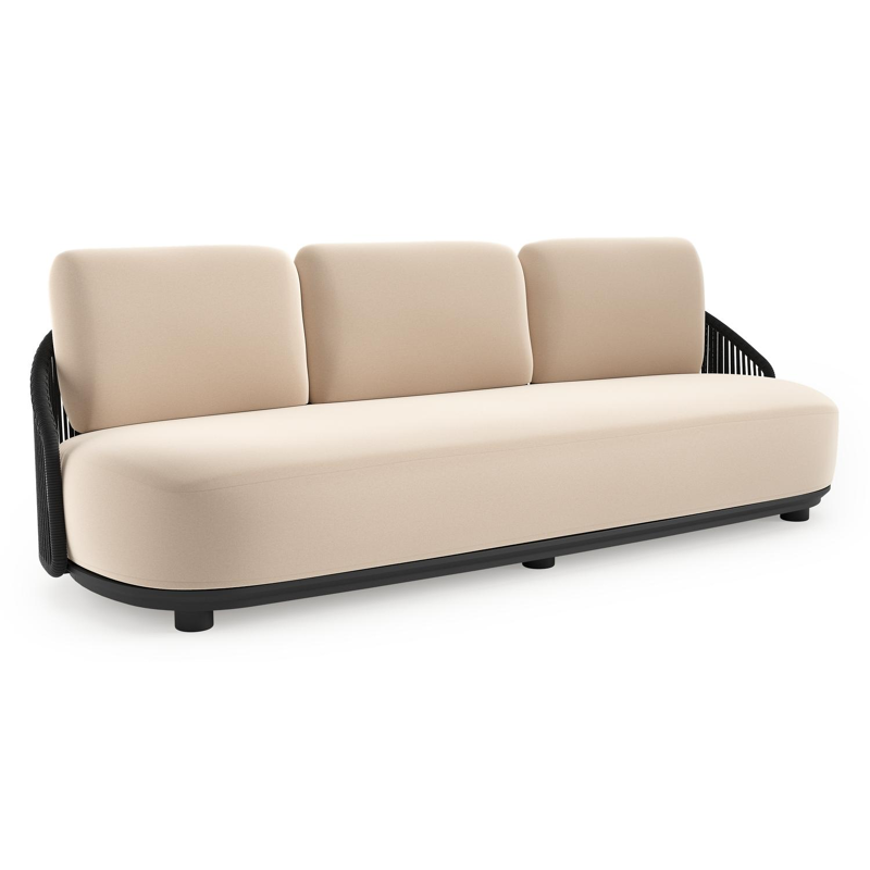 Canapé de jardin Vadelo en aluminium noir et corde ronde tissée verticalement noir et coussins en all weather sunbrella® luxe natte linen chalk