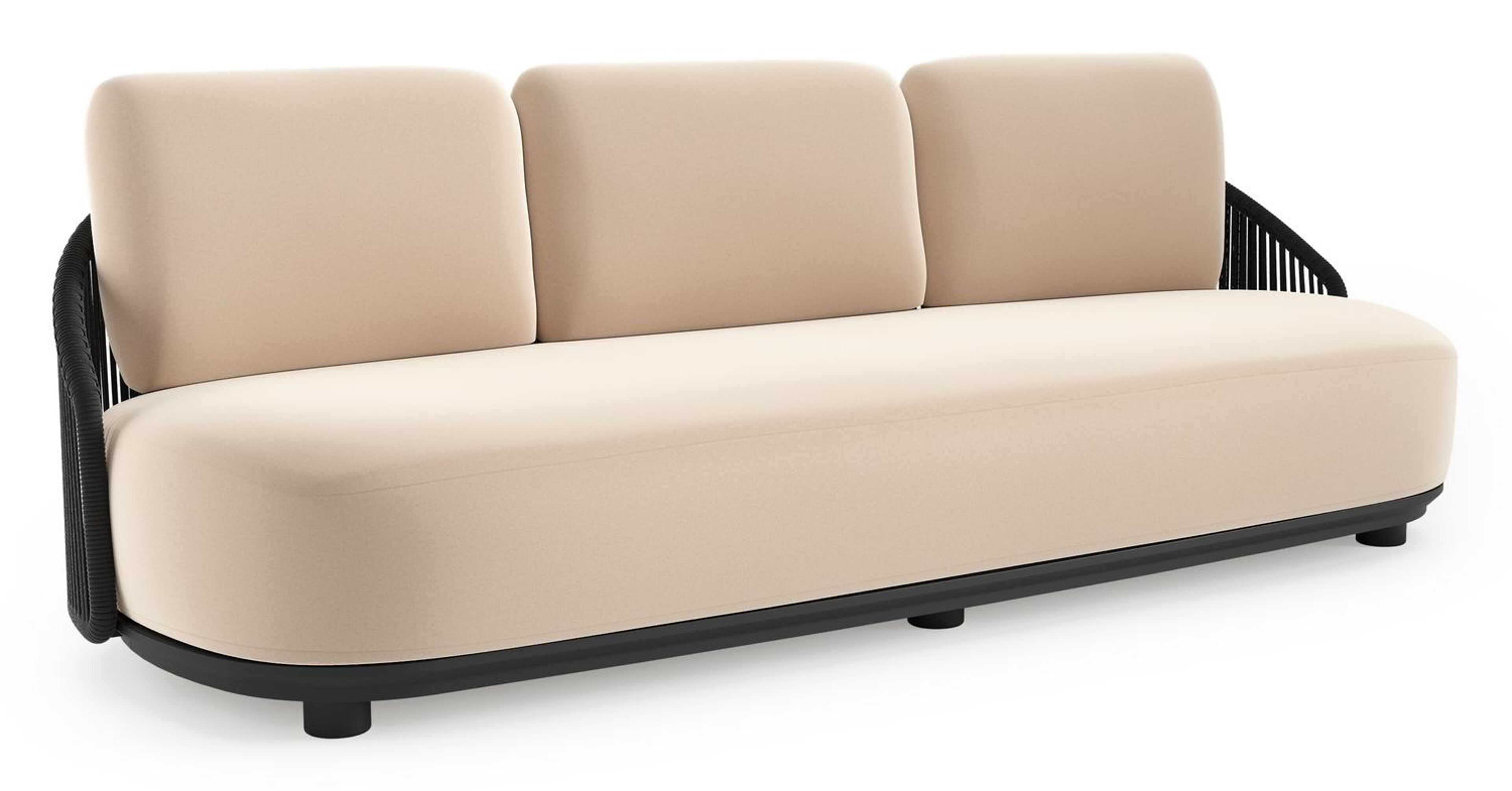 Canapé de jardin Vadelo en aluminium noir et corde ronde tissée verticalement noir et coussins en all weather sunbrella® luxe natte linen chalk