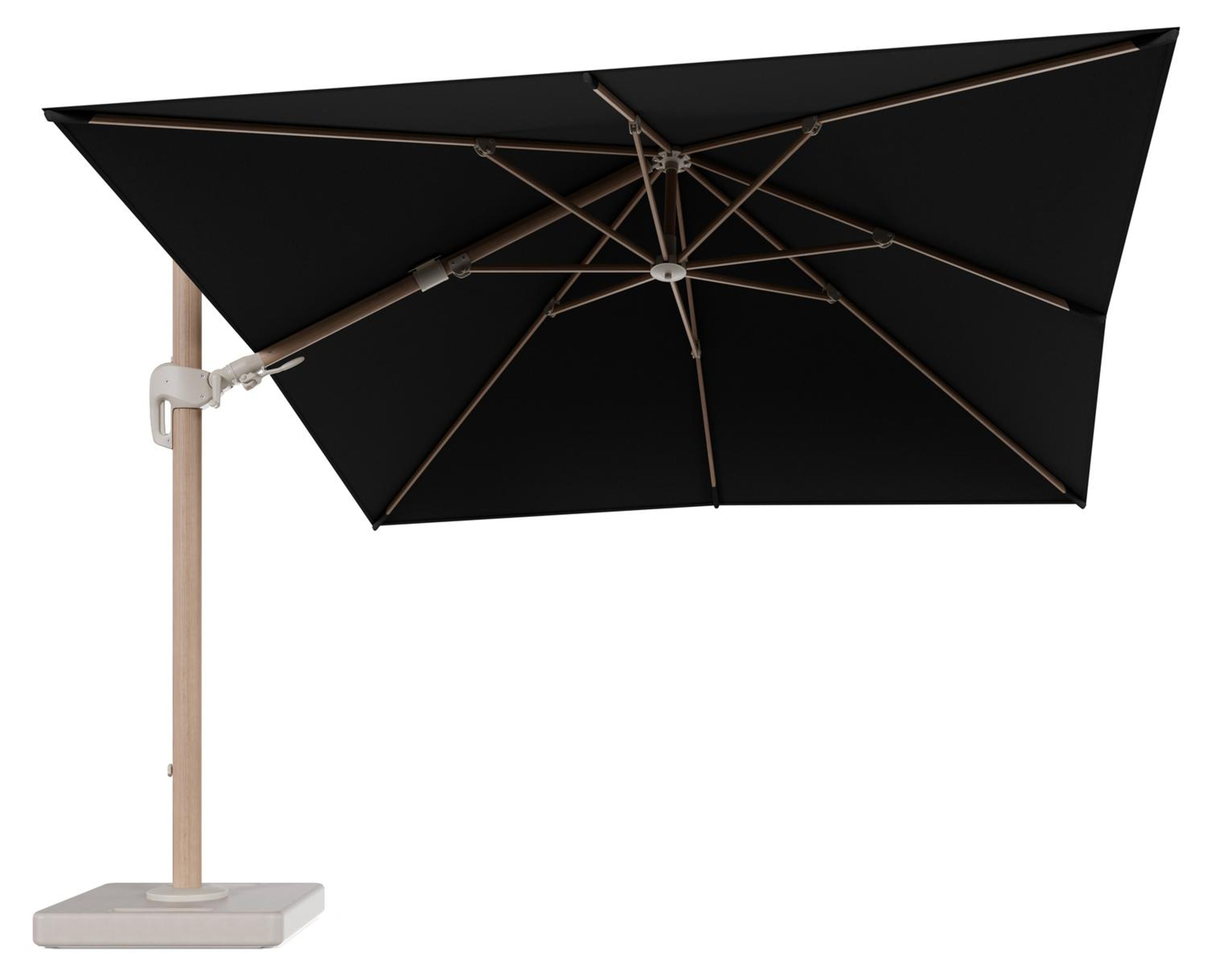 Rufina zweefparasol tiltfunctie in houtlook aluminium en parasoldoek in All Weather Sunbrella® Luxe Natte Sooty - L1 300 x L2 300 cm met parasolvoet Lapido 160 kg