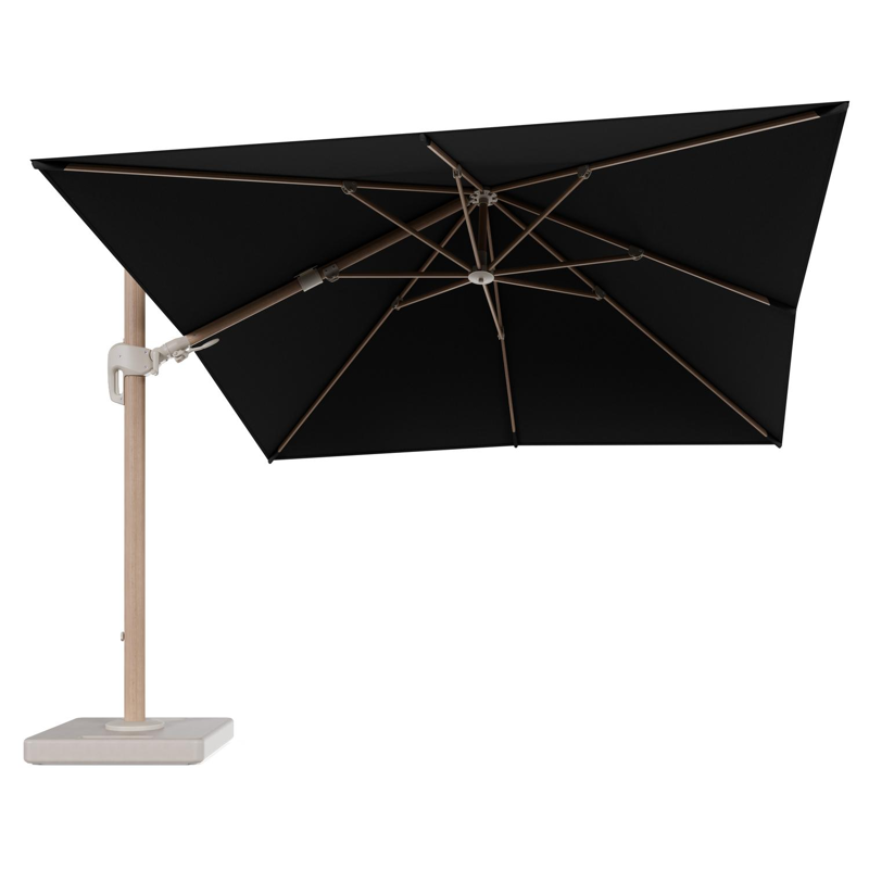 Rufina zweefparasol tiltfunctie in houtlook aluminium en parasoldoek in All Weather Sunbrella® Luxe Natte Sooty - L1 300 x L2 300 cm met parasolvoet Lapido 160 kg