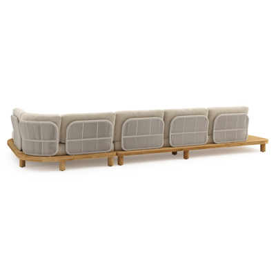 Donato loungehoek in teak en beige verticaal geweven ronde rope met all weather cosytica Althea Chalk kussen