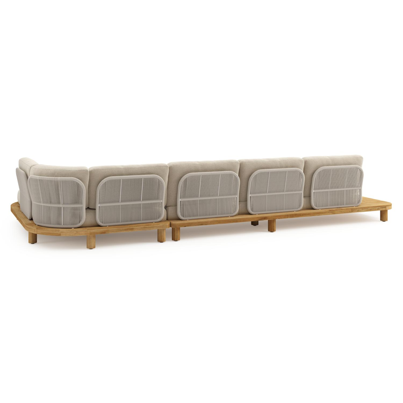 Donato loungehoek in teak en beige verticaal geweven ronde rope met all weather cosytica Althea Chalk kussen