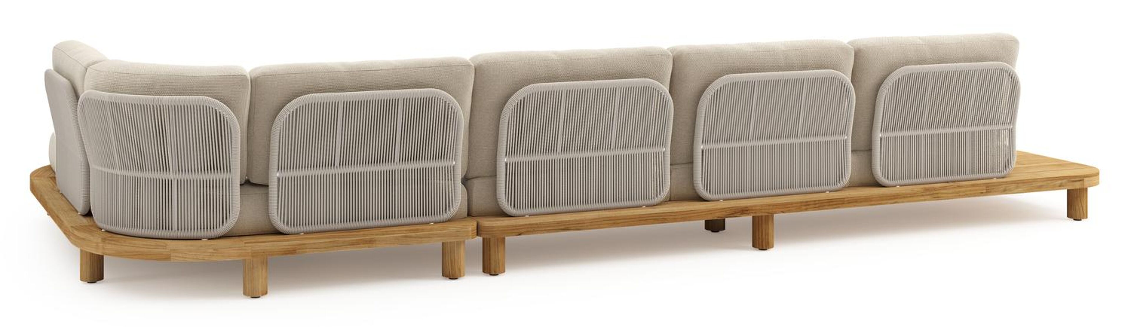 Salon de jardin d'angle Donato en teck et corde ronde tissée verticalement beige et coussins en all weather cosytica Althea Chalk