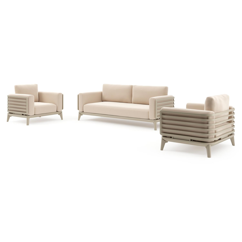 Salon de jardin Mosa en aluminium beige et coussins en all weather sunbrella® premium natte linen chalk