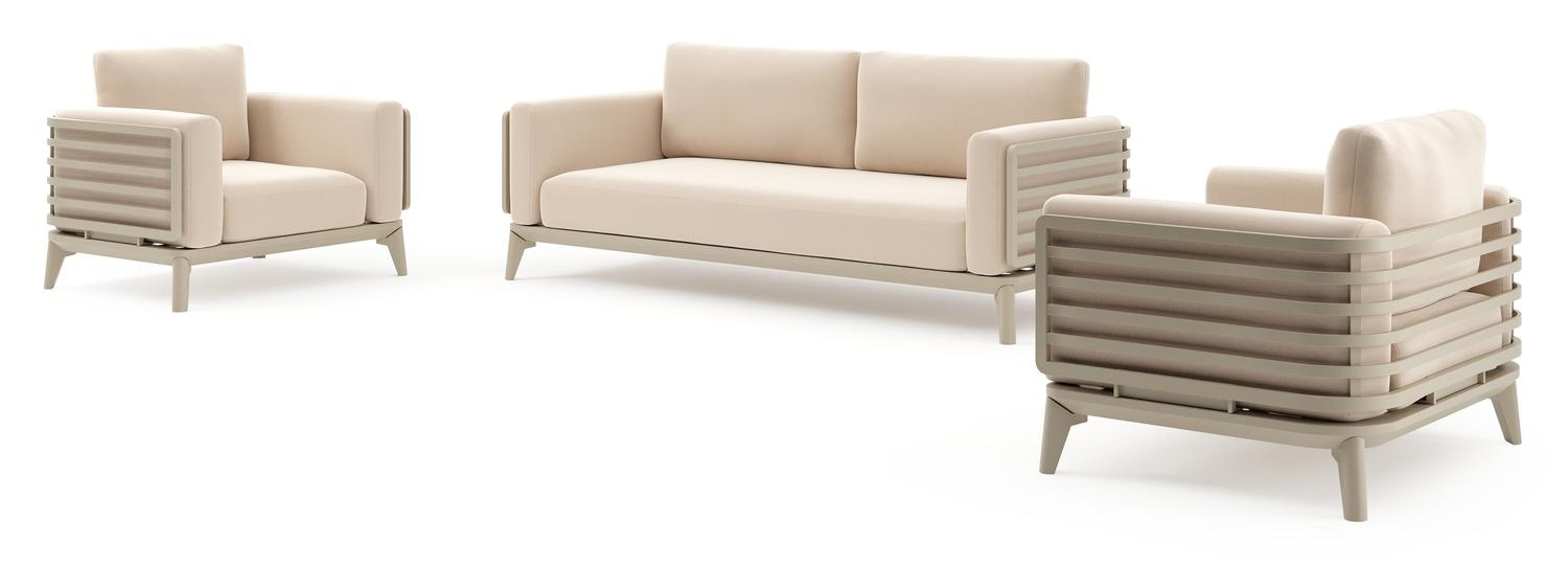 Salon de jardin Mosa en aluminium beige et coussins en all weather sunbrella® premium natte linen chalk