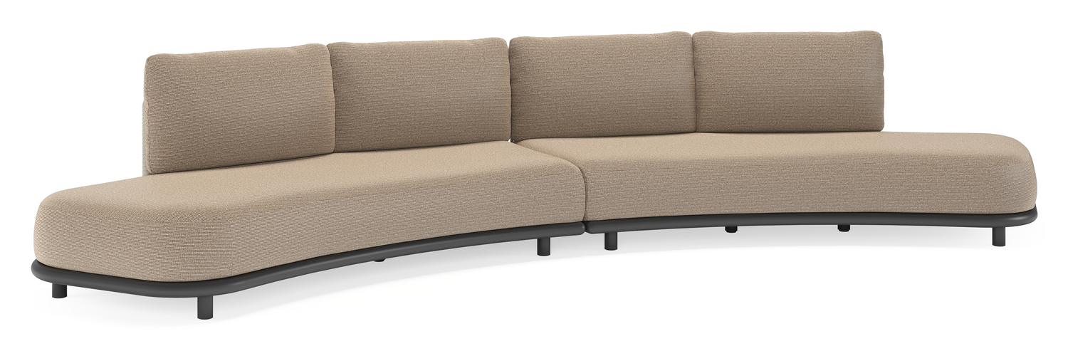 Lomano loungebank in zwart aluminium en beige verticaal geweven luxe vlakke rope met Firenze Earth all weather solica