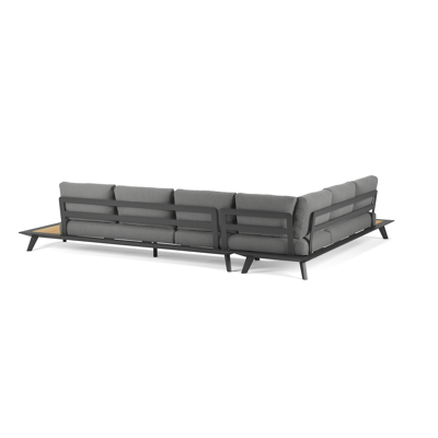 Puglia loungehoek in zwart aluminium en teak met grijs sunbrella® premium kussens
