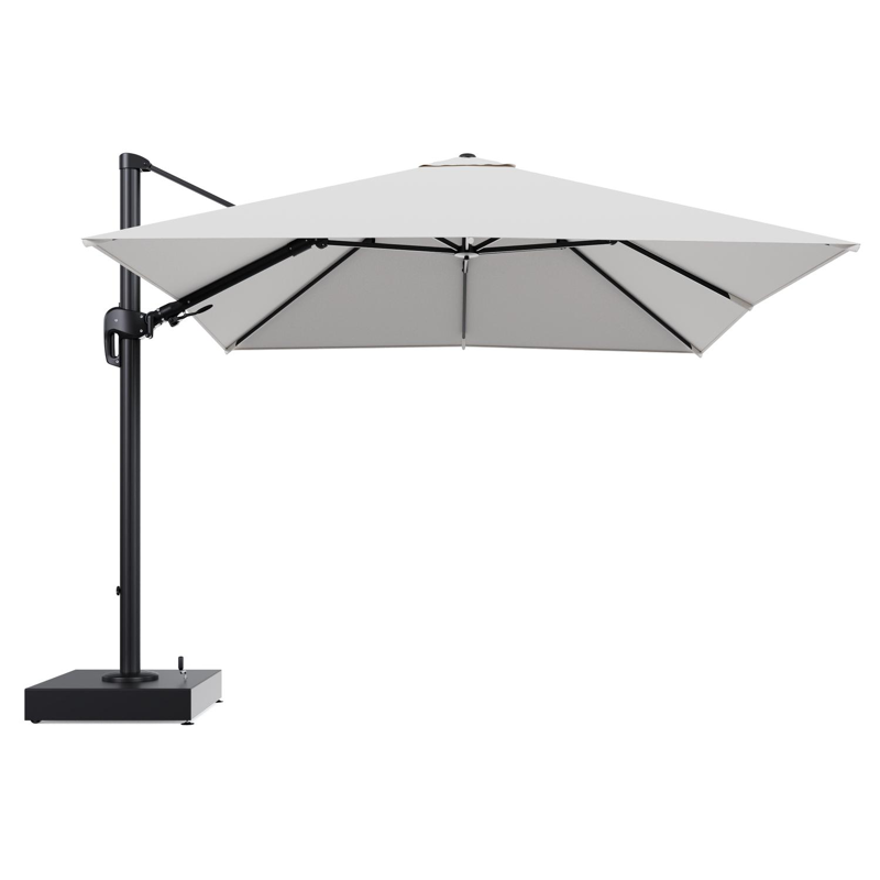 Rufina zweefparasol met tiltfunctie in zwart aluminium en Soul Optik All Weather Solica parasoldoek - L1 300 x L2 300 cm met parasolvoet Minore 150 kg met wielen