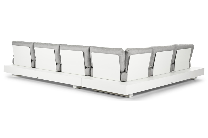 Salon de jardin d'angle Tufo en aluminium blanc avec coussins en all weather sunbrella® luxe savane zinc et table basse
