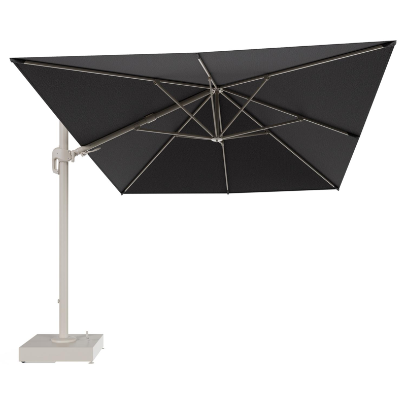 Rufina zweefparasol met tiltfunctie in beige aluminium en Firenze Tunder All Weather Solica parasoldoek - L1 400 x L2 300 cm met parasolvoet Minore 150 kg met wielen