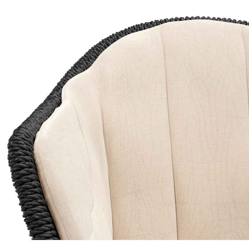 Pagino tuinstoel in wit aluminium en zwart ronde wicker met zitkussen in All Weather Sunbrella® Luxe Natte Linen Chalk