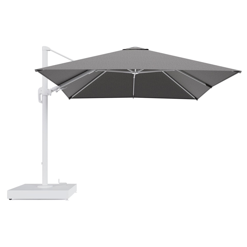 Rufina zweefparasol met tiltfunctie in wit aluminium en Chartres Drizzle All Weather Sunbrella® Luxe parasoldoek - L1 300 x L2 300 cm met parasolvoet Minore 260 kg met wielen