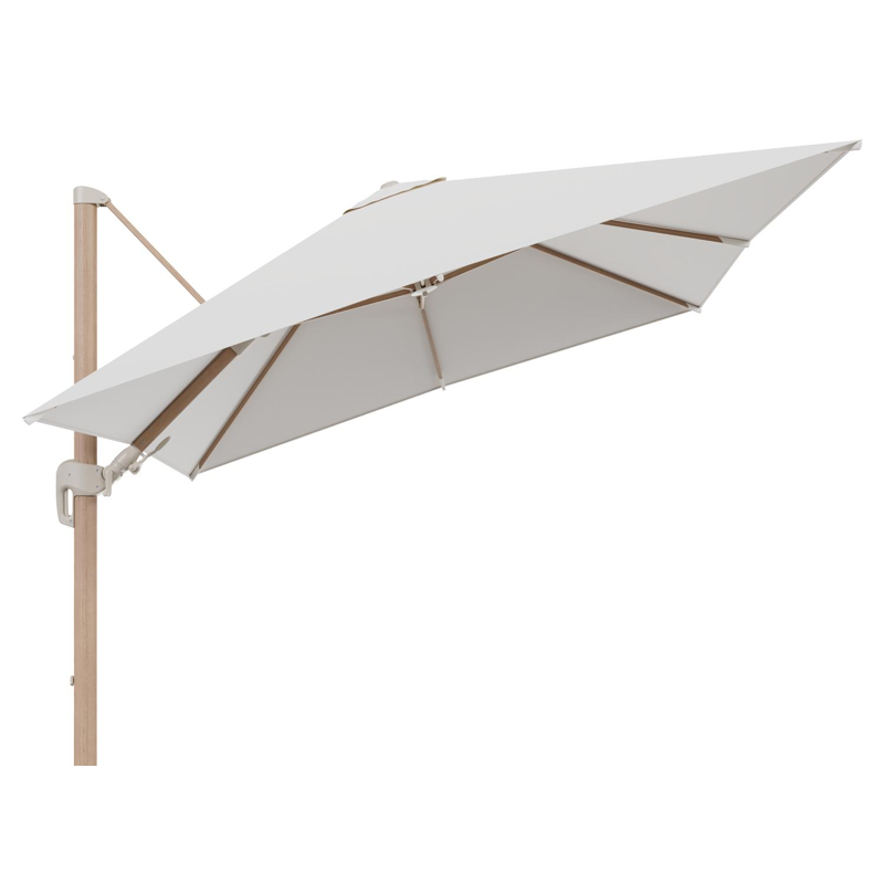 Rufina zweefparasol tiltfunctie in houtlook aluminium en parasoldoek in All Weather Sunbrella® Luxe Savane White - L1 300 x L2 300 cm (zonder voet)