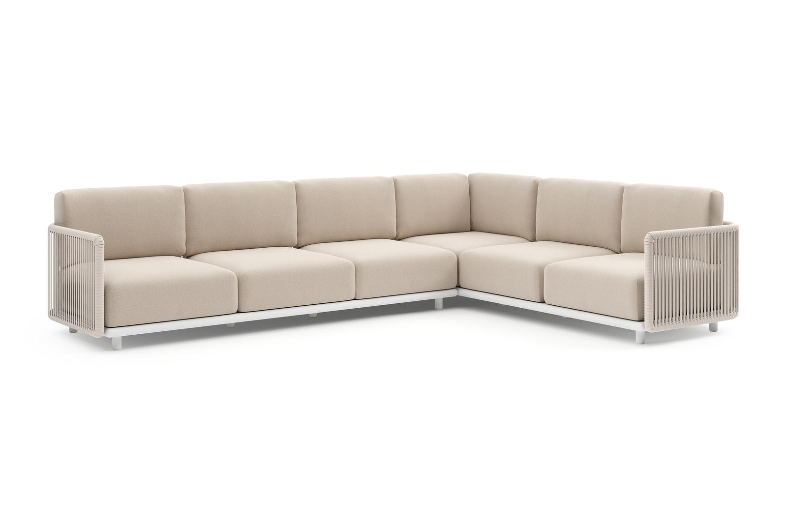 Organo loungehoek in wit aluminium en beige verticaal geweven luxe vlakke rope met heritage ash all weather Sunbrella® luxe kussen