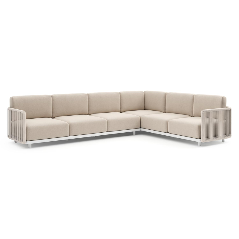 Salon de jardin d'angle Organo en aluminium blanc et corde luxe plate tissée verticalement beige et coussin en all weather Sunbrella® luxe heritage ash