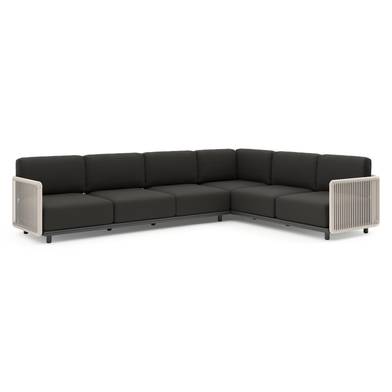 Organo loungehoek in zwart aluminium en beige verticaal geweven luxe vlakke rope met heritage char all weather Sunbrella® luxe kussen