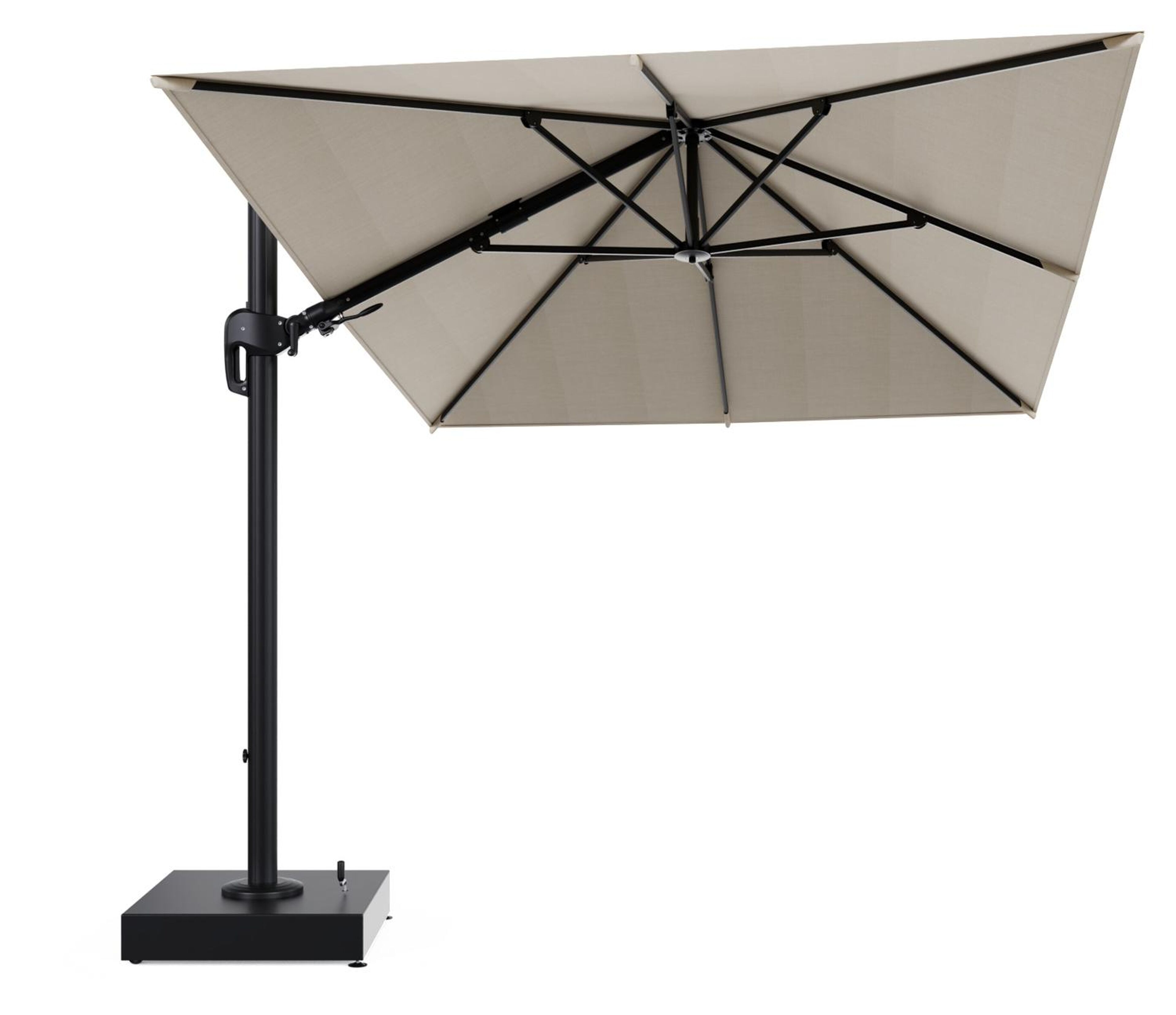 Rufina zweefparasol met tiltfunctie in zwart aluminium en beige All Weather Sunbrella® Premium parasoldoek - L1 350 x L2 250 cm met parasolvoet Minore 150 kg met wielen