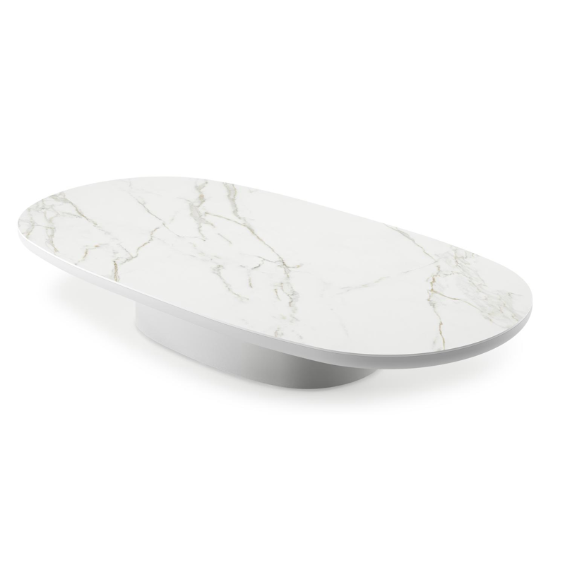 Table de basse Amico bombo en aluminium blanc et céramique pleine Calacatta - Lg. 171 x Lrg. 89 x Haut. 24 cm