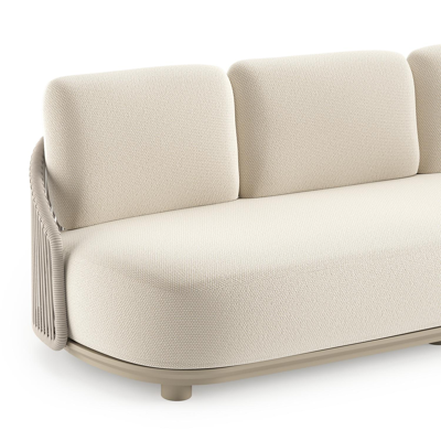 Vadelo loungeset in beige aluminium en beige verticaal geweven ronde rope met althea off white all weather cosytica kussen