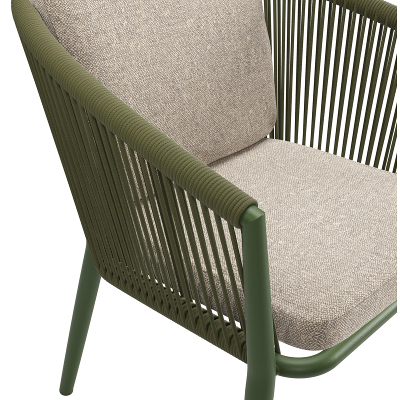 Orso tuinstoel in groen aluminium en groen verticaal geweven ronde rope met luxe zitkussen in All Weather Sunbrella® Luxe Chartres Pewter