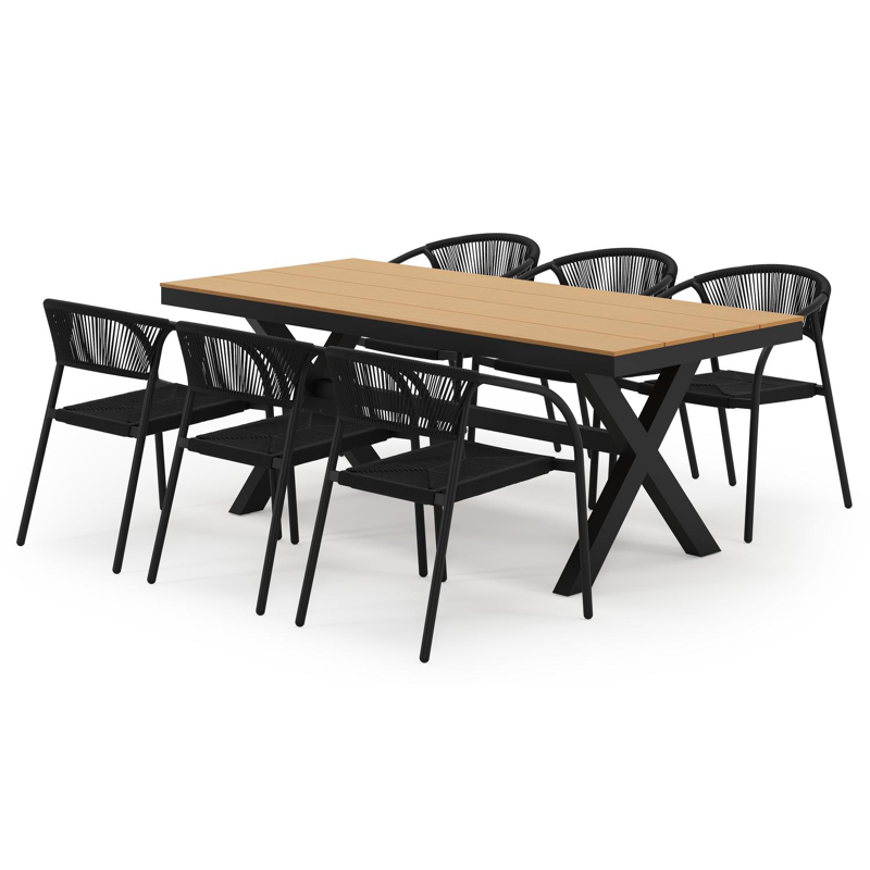 Bahia tuinset in zwart aluminium en polywood met 6 stapelbare Melo tuinstoelen