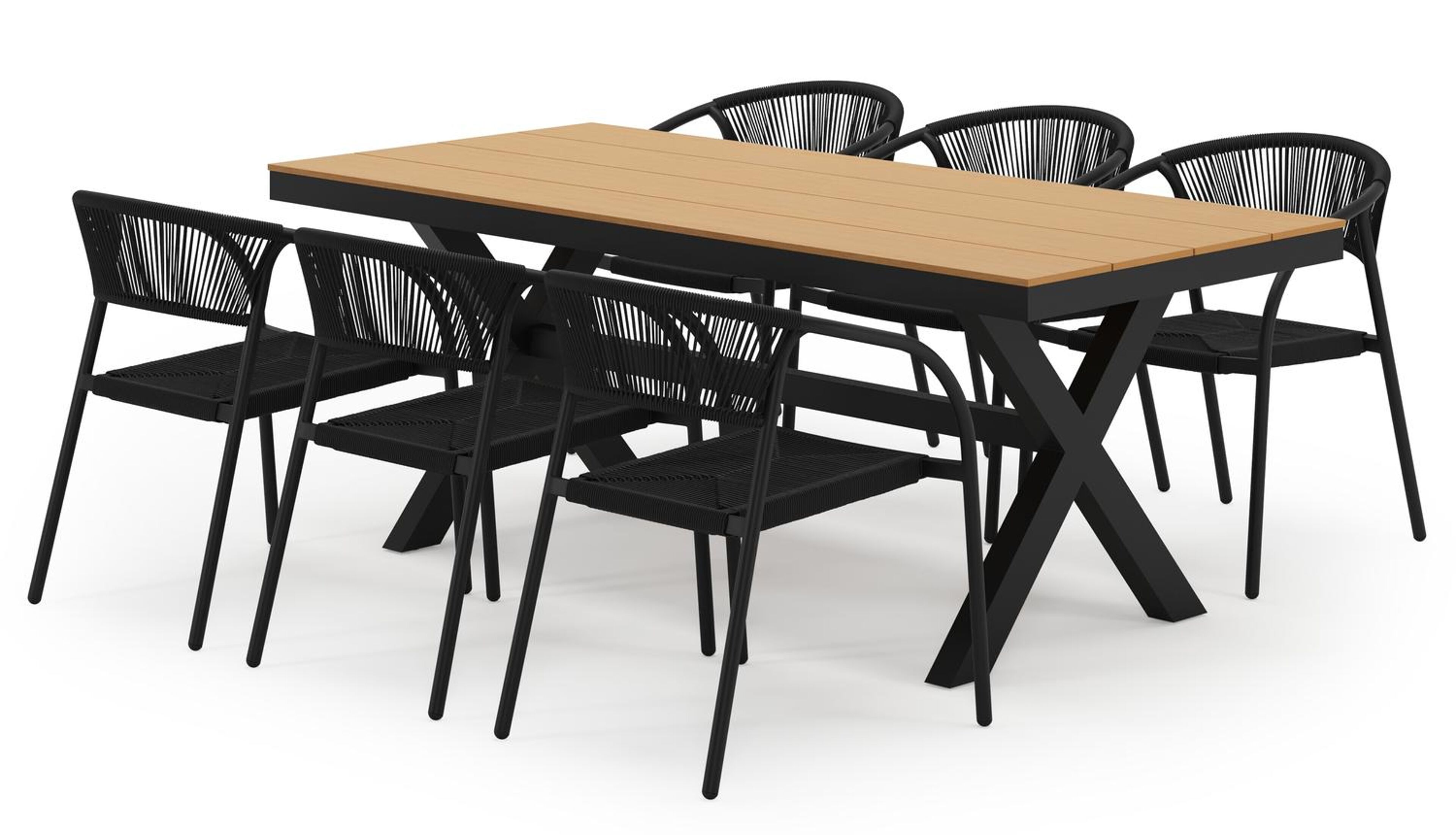 Bahia tuinset in zwart aluminium en polywood met 6 stapelbare Melo tuinstoelen