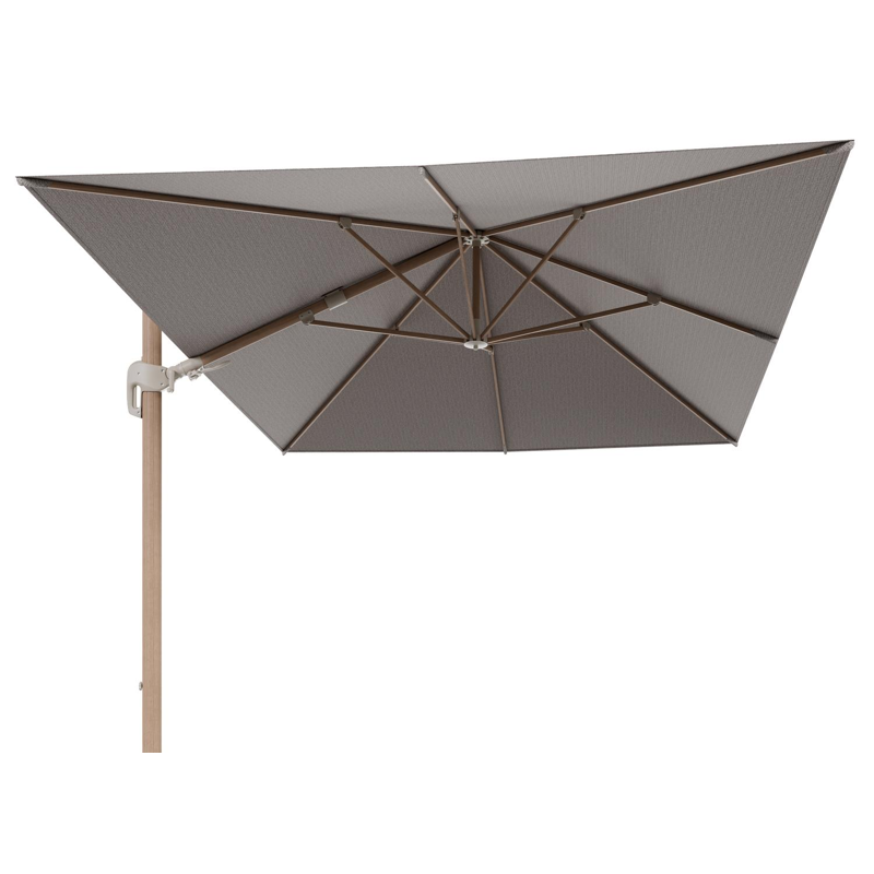 Parasol pendant Rufina avec fonction tilt en aluminium aspect de bois et toile de parasol en All Weather Sunbrella® Luxe Wander Granite - Lg.1 400 x Lg.2 300 cm (sans pied de parasol