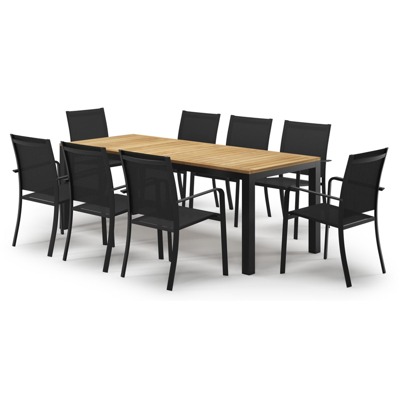 Ensemble de jardin Varese en aluminium noir et teck avec 8 chaises de jardin Calobra