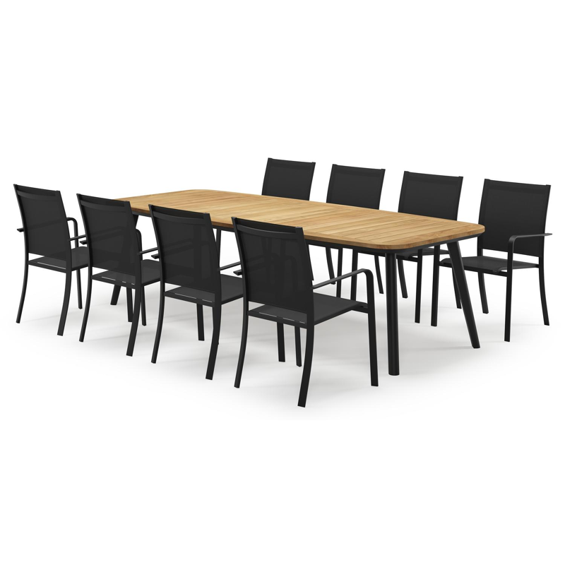 Mosa bootvormige tuinset in zwart aluminium en teak natural finish met 8 Calobra tuinstoelen