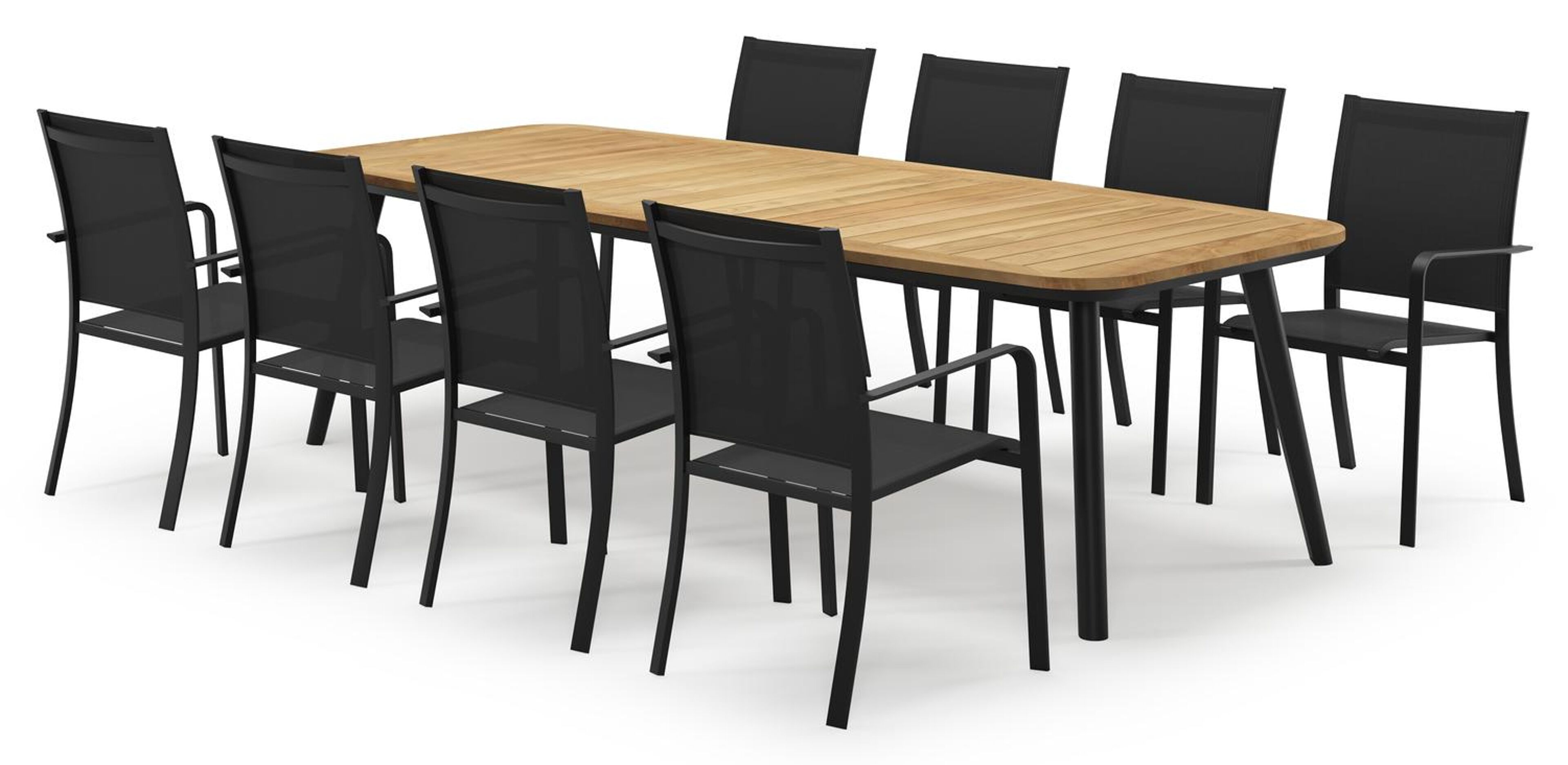 Mosa bootvormige tuinset in zwart aluminium en teak natural finish met 8 Calobra tuinstoelen