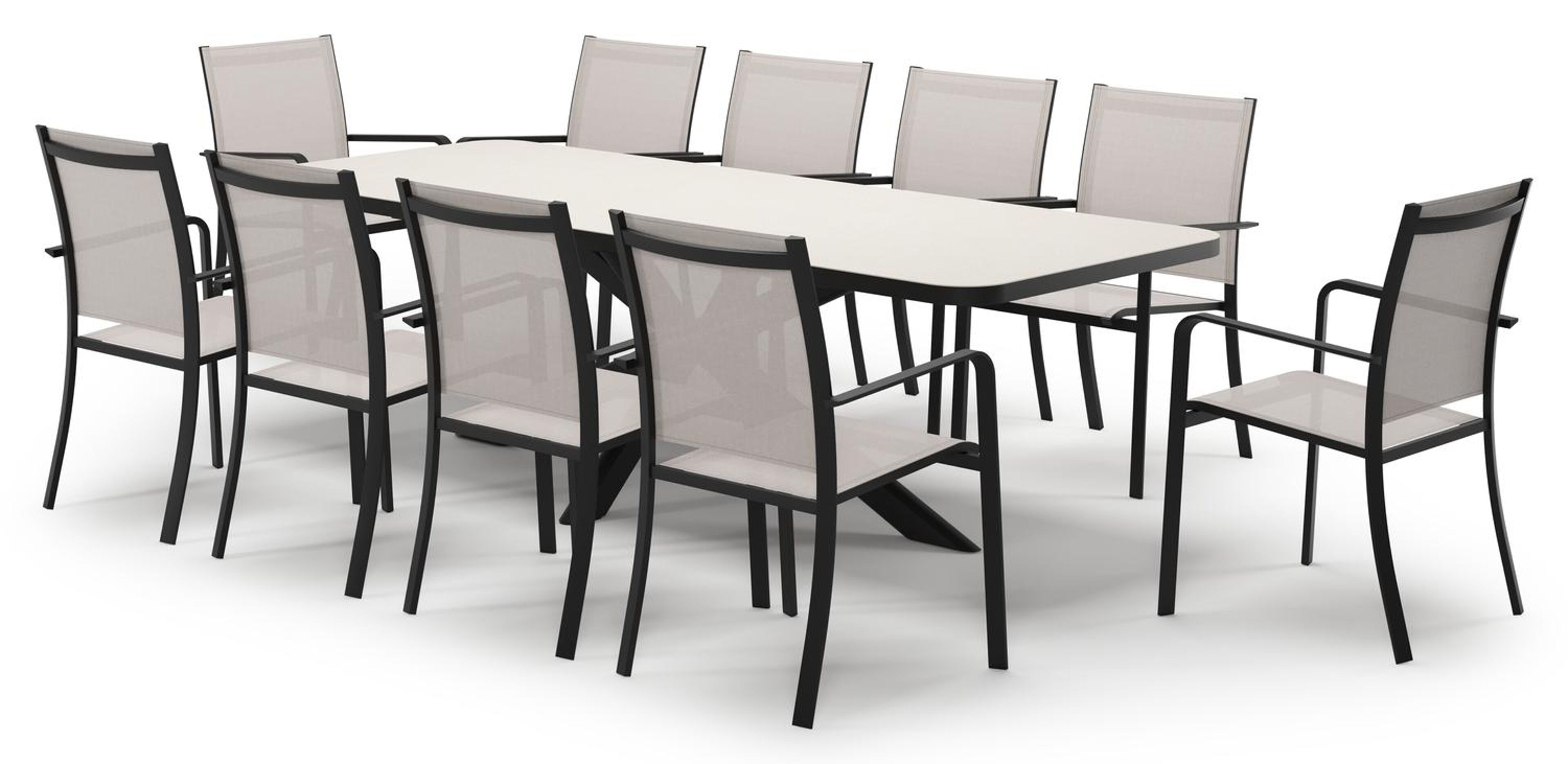 Estella verlengbare tuinset rechthoekig in zwart aluminium en sintered stone Crema minerale met 10 Calobra tuinstoelen