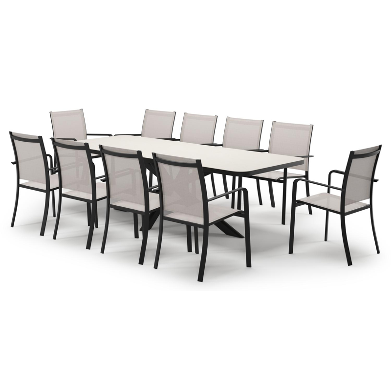 Estella verlengbare tuinset rechthoekig in zwart aluminium en sintered stone Crema minerale met 10 Calobra tuinstoelen