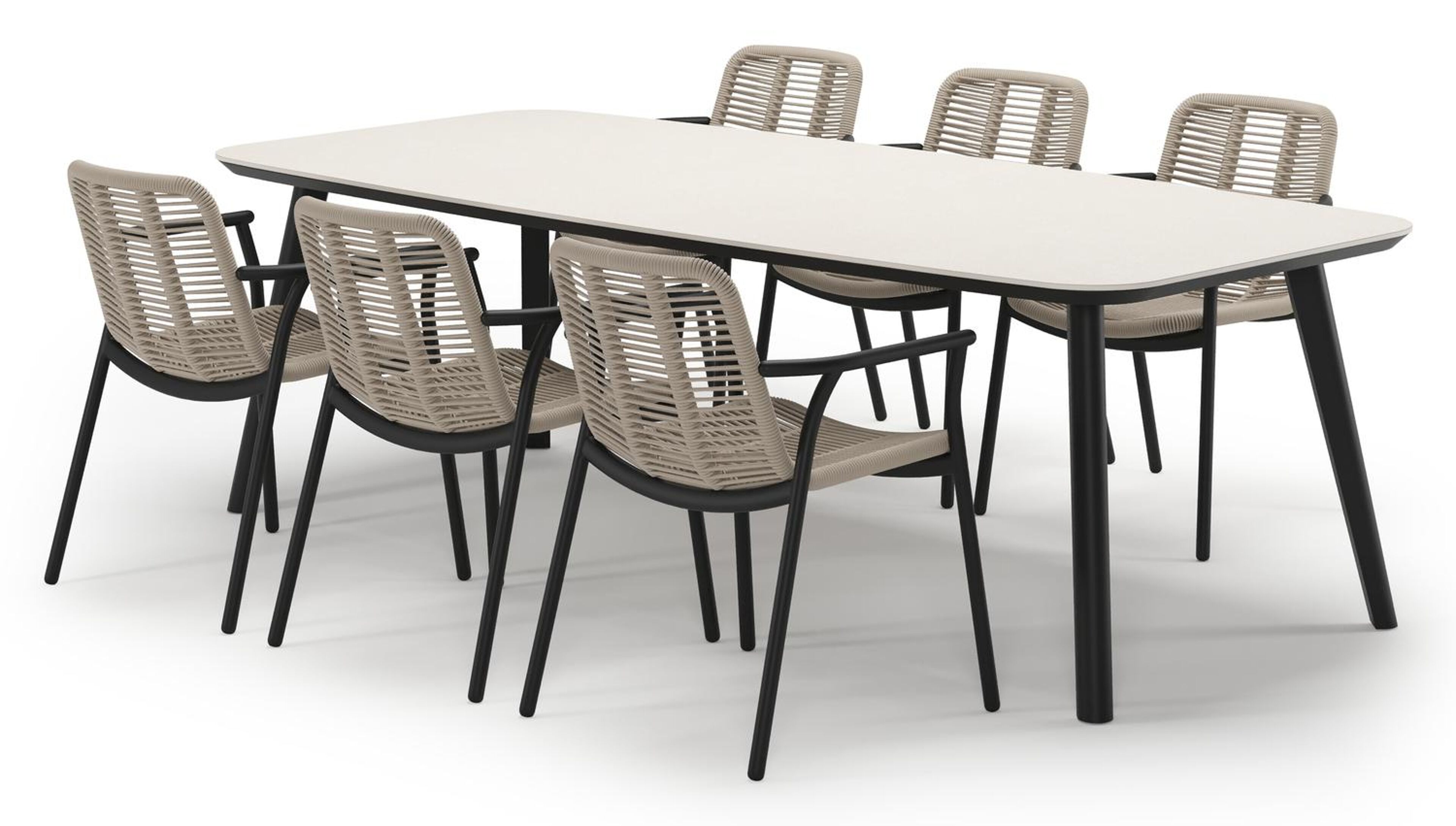 Mosa tuinset in zwart aluminium en crema minerale sintered stone met 6 stapelbare Berga tuinstoelen