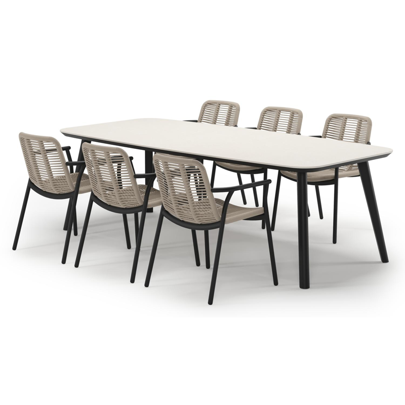 Mosa tuinset in zwart aluminium en crema minerale sintered stone met 6 stapelbare Berga tuinstoelen